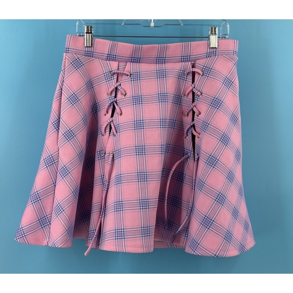 Hot Topic Pink Blue Plaid Lace Up Skater Mini Skirt Women’s XL Y2K
